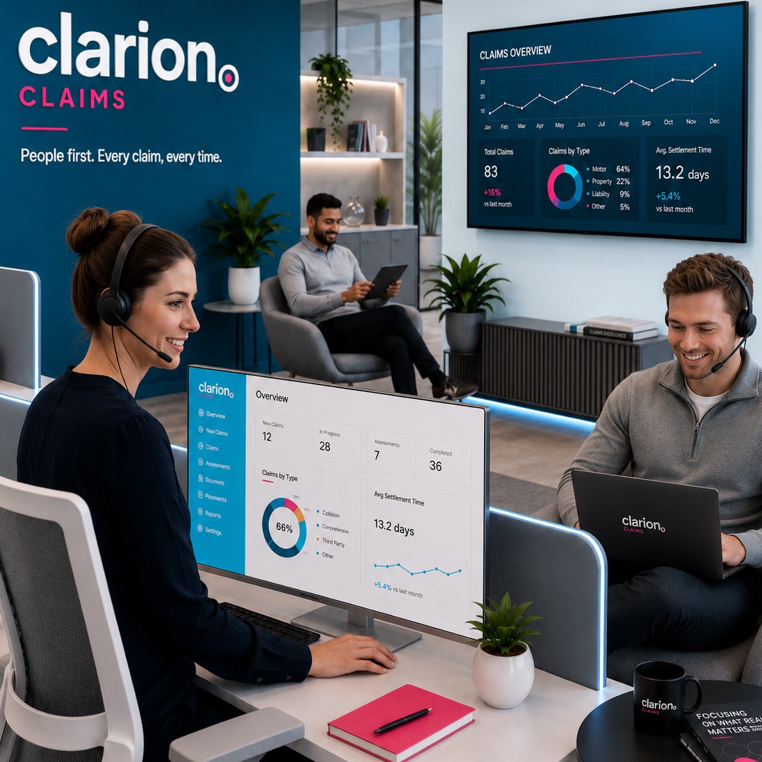Clarion Claims specialist reviewing a live claims dashboard